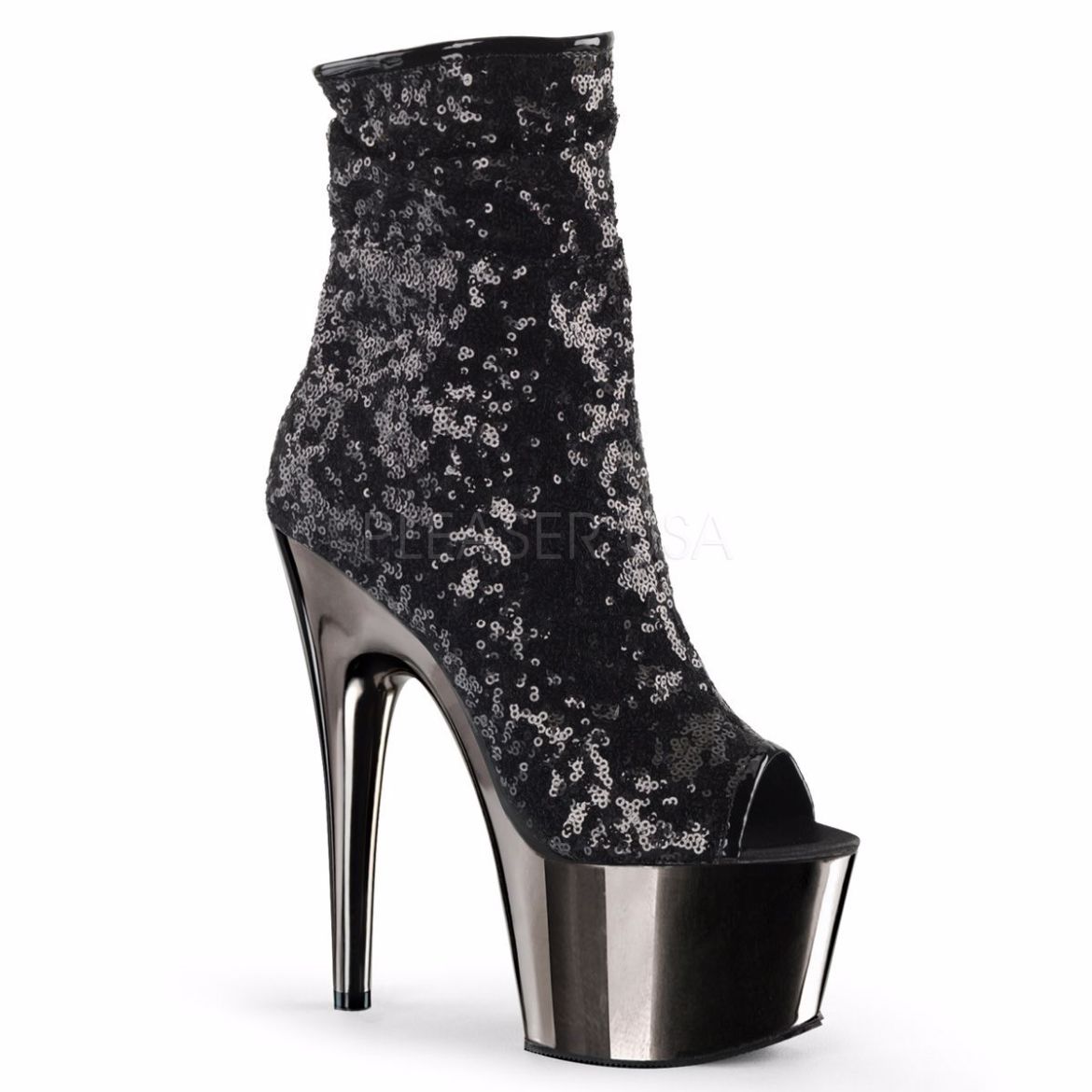 Product image of Pleaser Adore-1008Sq Black Sequins/Dark Pewter Chrome, 7 inch (17.8 cm) Heel, 2 3/4 inch (7 cm) Platform Ankle Boot
