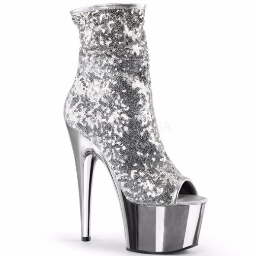 Product image of Pleaser Adore-1008Sq Silver Sequins/Silver Chrome, 7 inch (17.8 cm) Heel, 2 3/4 inch (7 cm) Platform Ankle Boot