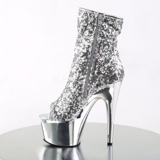 Product image of Pleaser Adore-1008Sq Silver Sequins/Silver Chrome, 7 inch (17.8 cm) Heel, 2 3/4 inch (7 cm) Platform Ankle Boot