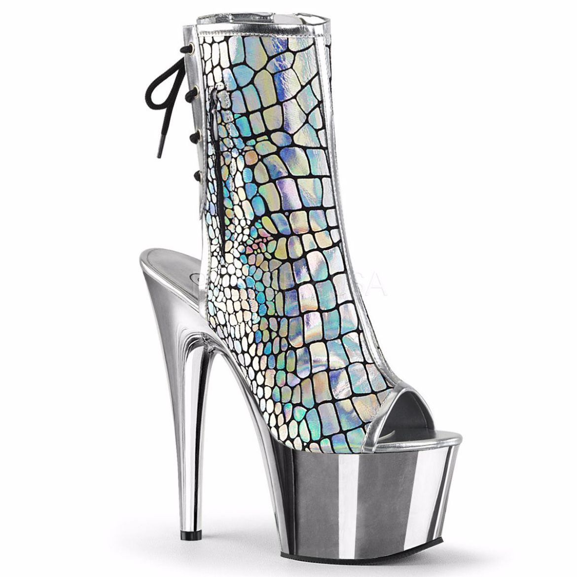 Product image of Pleaser Adore-1018Hg Silver Hologram Ostrich Pu/Silver Chrome, 7 inch (17.8 cm) Heel, 2 3/4 inch (7 cm) Platform Ankle Boot