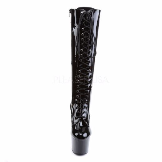 Product image of Pleaser Adore-2023 Black Stretch Patent/Black, 7 inch (17.8 cm) Heel, 2 3/4 inch (7 cm) Platform Knee High Boot