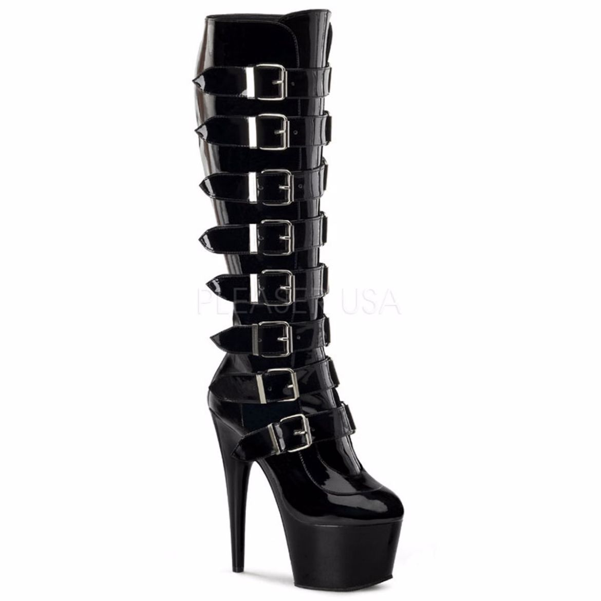 Product image of Pleaser Adore-2043 Black Patent/Black, 7 inch (17.8 cm) Heel, 2 3/4 inch (7 cm) Platform Knee High Boot