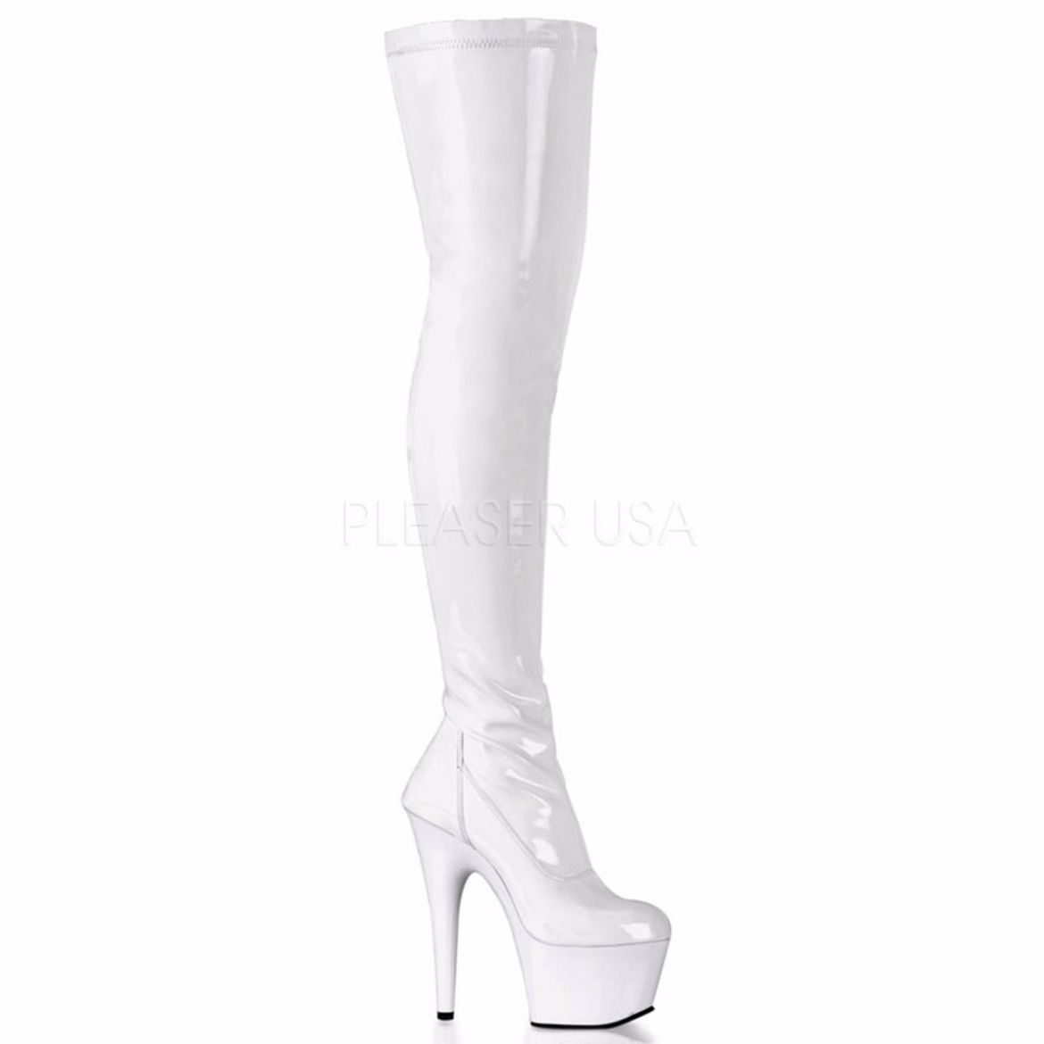 Product image of Pleaser Adore-3000 White Stretch Patent/White, 7 inch (17.8 cm) Heel, 2 3/4 inch (7 cm) Platform Thigh High Boot