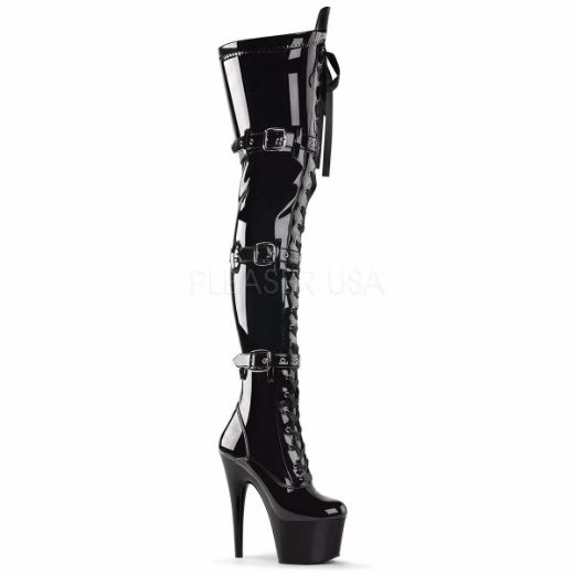 Product image of Pleaser Adore-3028 Black Stretch Patent/Black, 7 inch (17.8 cm) Heel, 2 3/4 inch (7 cm) Platform Thigh High Boot