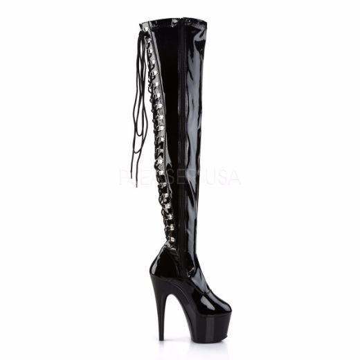 Product image of Pleaser Adore-3063 Black Stretch Patent/Black, 7 inch (17.8 cm) Heel, 2 3/4 inch (7 cm) Platform Thigh High Boot