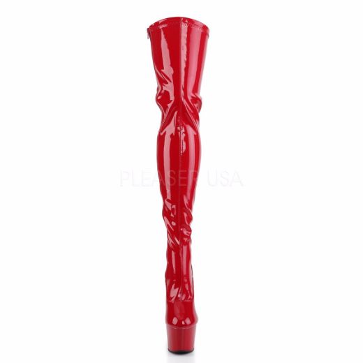 Product image of Pleaser Adore-3063 Red Stretch Patent/Red, 7 inch (17.8 cm) Heel, 2 3/4 inch (7 cm) Platform Thigh High Boot