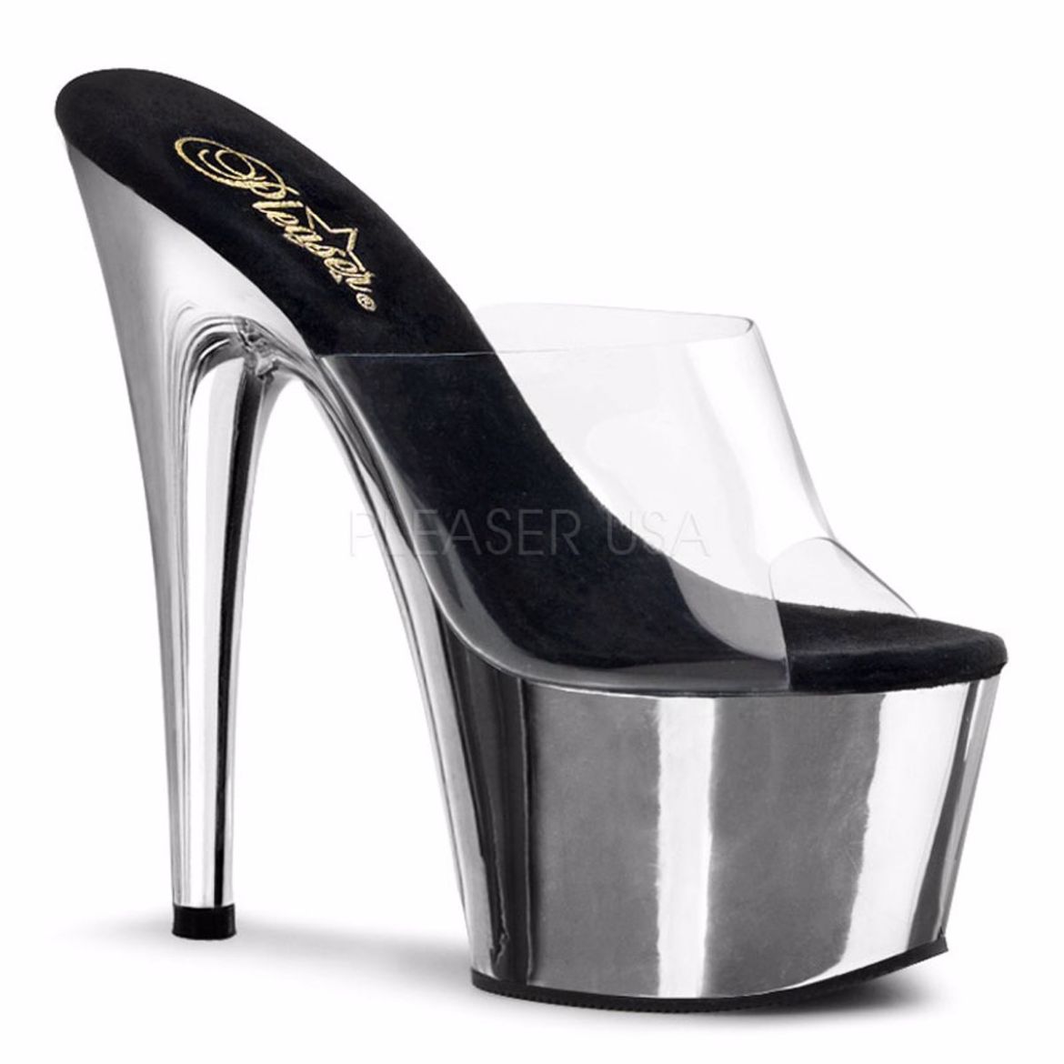 Product image of Pleaser Adore-701 Clear/Silver Chrome, 7 inch (17.8 cm) Heel, 2 3/4 inch (7 cm) Platform Slide Mule Shoes