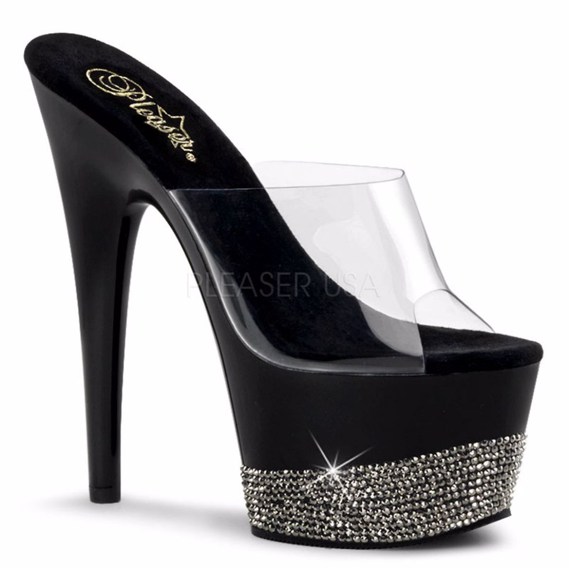 Product image of Pleaser Adore-701-3 Clear/Black-Pewter Rhinestone, 7 inch (17.8 cm) Heel, 2 3/4 inch (7 cm) Platform Slide Mule Shoes