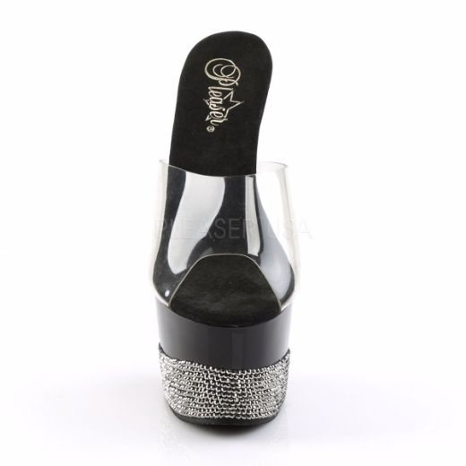 Product image of Pleaser Adore-701-3 Clear/Black-Pewter Rhinestone, 7 inch (17.8 cm) Heel, 2 3/4 inch (7 cm) Platform Slide Mule Shoes