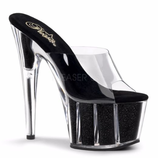 Product image of Pleaser Adore-701G Clear/Black Glitter, 7 inch (17.8 cm) Heel, 2 3/4 inch (7 cm) Platform Slide Mule Shoes