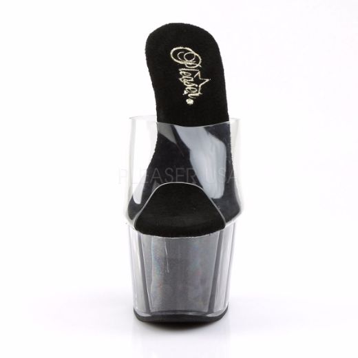 Product image of Pleaser Adore-701G Clear/Black Glitter, 7 inch (17.8 cm) Heel, 2 3/4 inch (7 cm) Platform Slide Mule Shoes