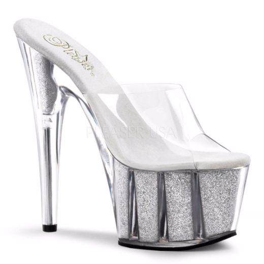Product image of Pleaser Adore-701G Clear/Silver Glitter, 7 inch (17.8 cm) Heel, 2 3/4 inch (7 cm) Platform Slide Mule Shoes