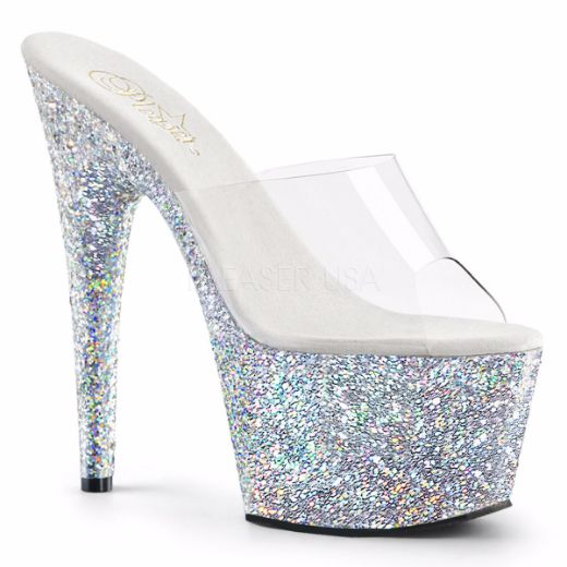 Product image of Pleaser Adore-701Lg Clear/Silver Multi Glitter, 7 inch (17.8 cm) Heel, 2 3/4 inch (7 cm) Platform Slide Mule Shoes