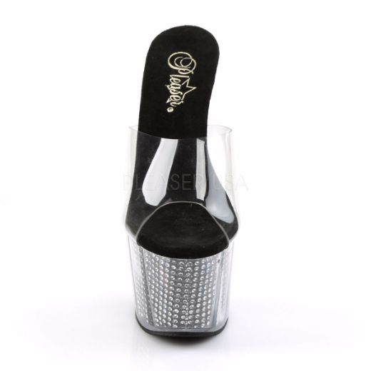 Product image of Pleaser Adore-701Srs Clear/Black Rhinestone, 7 inch (17.8 cm) Heel, 2 3/4 inch (7 cm) Platform Slide Mule Shoes