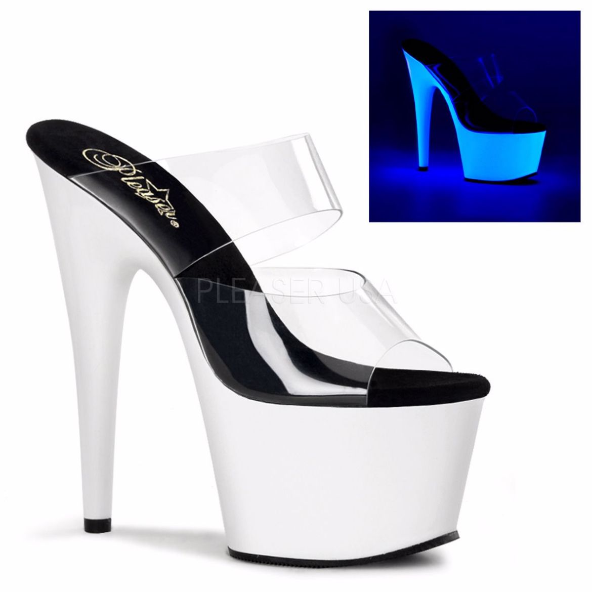 Product image of Pleaser Adore-702Uv Clear/Neon White, 7 inch (17.8 cm) Heel, 2 3/4 inch (7 cm) Platform Slide Mule Shoes