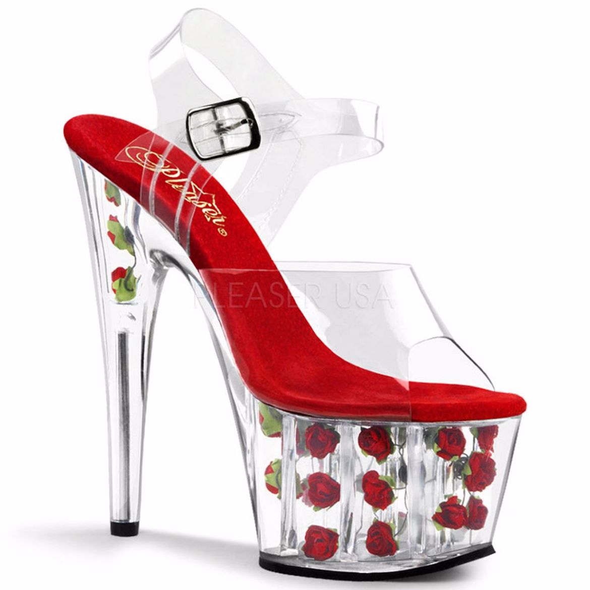 Product image of Pleaser Adore-708Fl Clear/Red Flowers, 7 inch (17.8 cm) Heel, 2 3/4 inch (7 cm) Platform Sandal Shoes