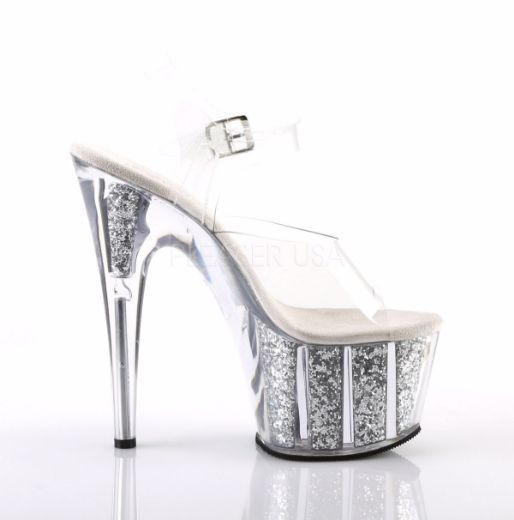 Product image of Pleaser Adore-708G Clear/Silver Glitter Inserts, 7 inch (17.8 cm) Heel, 2 3/4 inch (7 cm) Platform Sandal Shoes