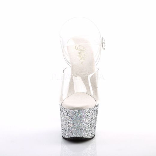 Product image of Pleaser Adore-708Lg Clear/Silver Multi Glitter, 7 inch (17.8 cm) Heel, 2 3/4 inch (7 cm) Platform Sandal Shoes
