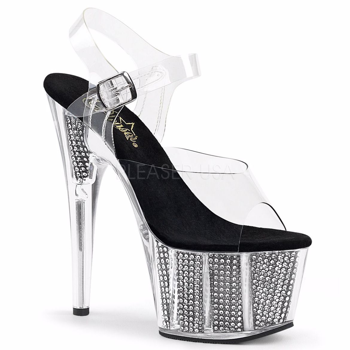 Product image of Pleaser Adore-708Srs Clear/Black Rhinestone, 7 inch (17.8 cm) Heel, 2 3/4 inch (7 cm) Platform Sandal Shoes