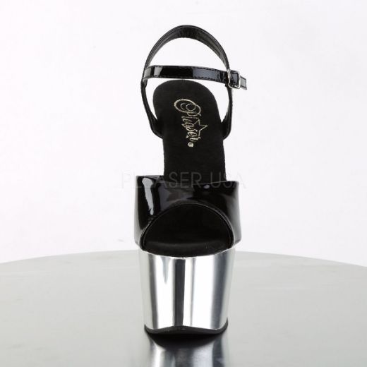 Product image of Pleaser Adore-709 Black Patent/Silver Chrome, 7 inch (17.8 cm) Heel, 2 3/4 inch (7 cm) Platform Sandal Shoes