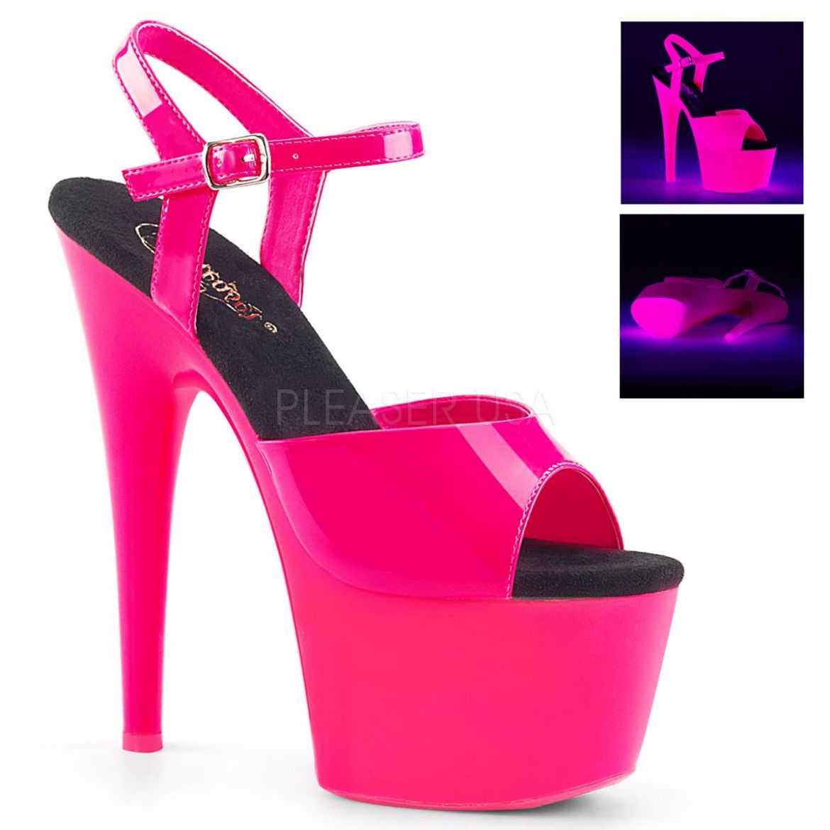 Product image of Pleaser Adore-709Uv Neon Hot Pink Patent/Neon Hot Pink, 7 inch (17.8 cm) Heel, 2 3/4 inch (7 cm) Platform Sandal Shoes