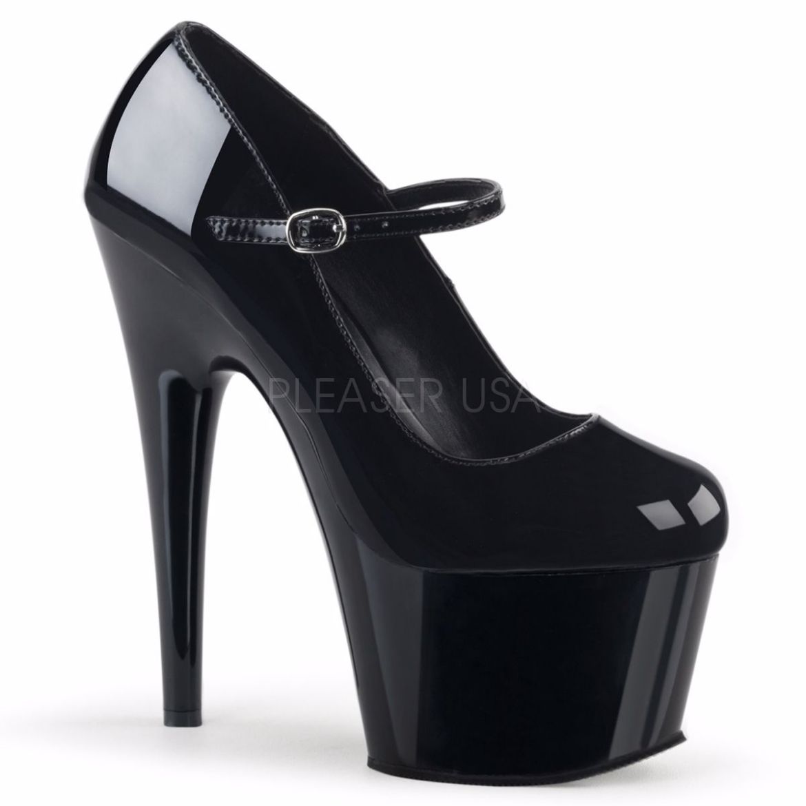 Product image of Pleaser Adore-787 Black Patent/Black, 7 inch (17.8 cm) Heel, 2 3/4 inch (7 cm) Platform Court Pump Shoes