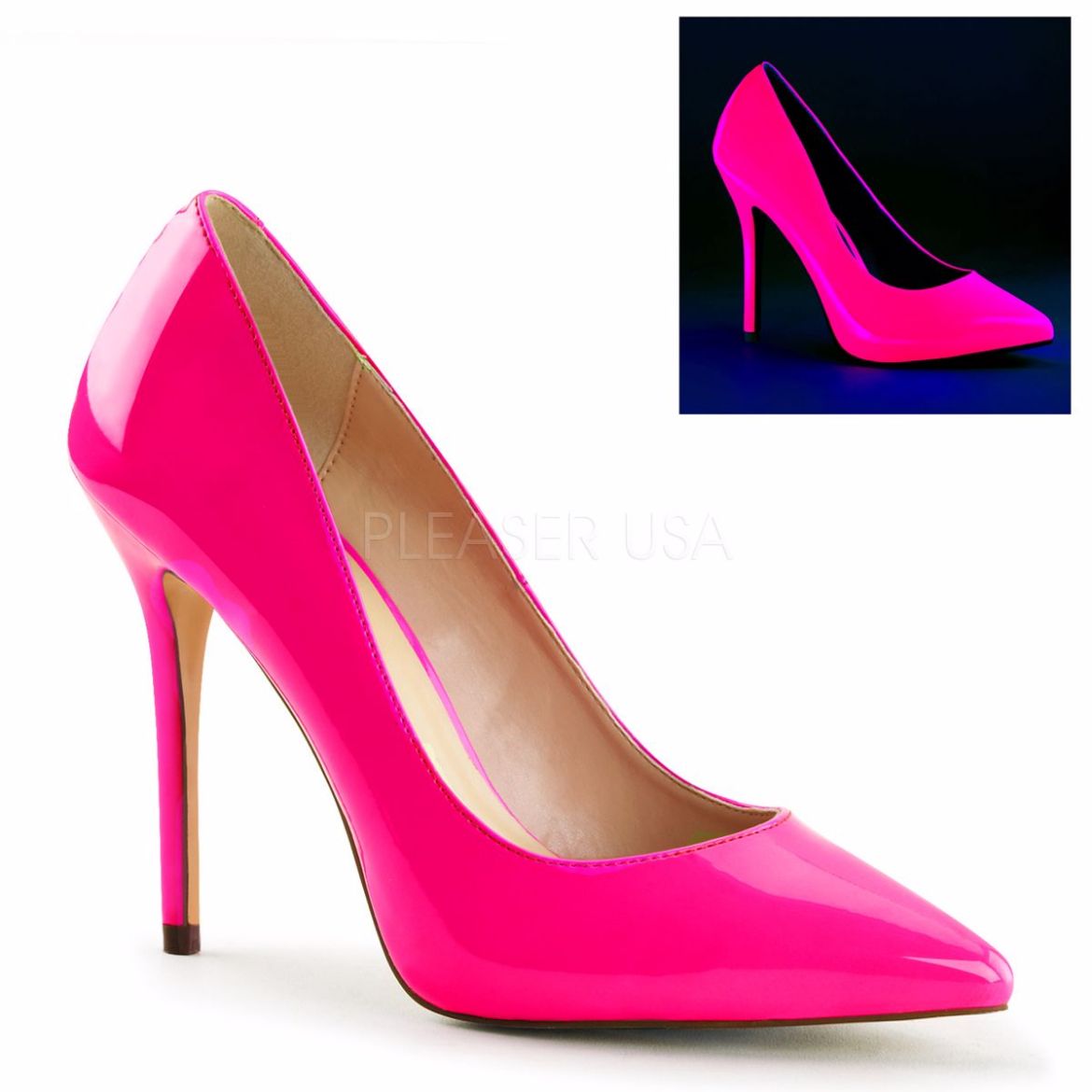 Product image of Pleaser Amuse-20 Neon Fuchsia Patent, 5 inch (12.7 cm) Heel, 3/8 inch (1 cm) Hidden Platform Court Pump Shoes