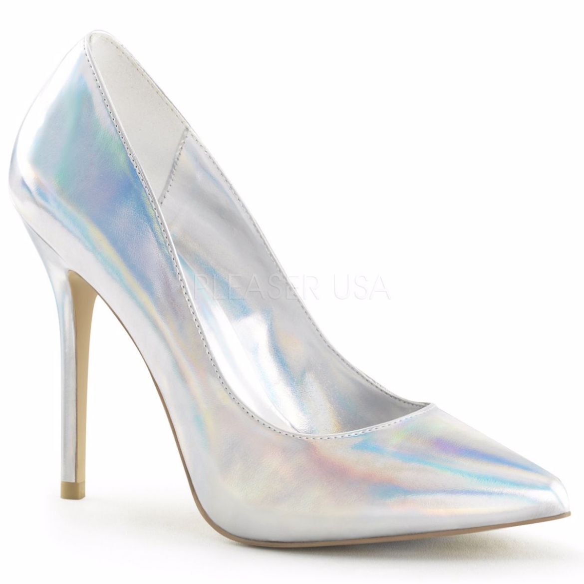 Product image of Pleaser Amuse-20 Silver Hologram Pu, 5 inch (12.7 cm) Heel, 3/8 inch (1 cm) Hidden Platform Court Pump Shoes