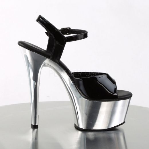 Product image of Pleaser Aspire-609 Black Patent/Silver Chrome, 6 inch (15.2 cm) Heel, 2 1/4 inch (5.7 cm) Platform Sandal Shoes