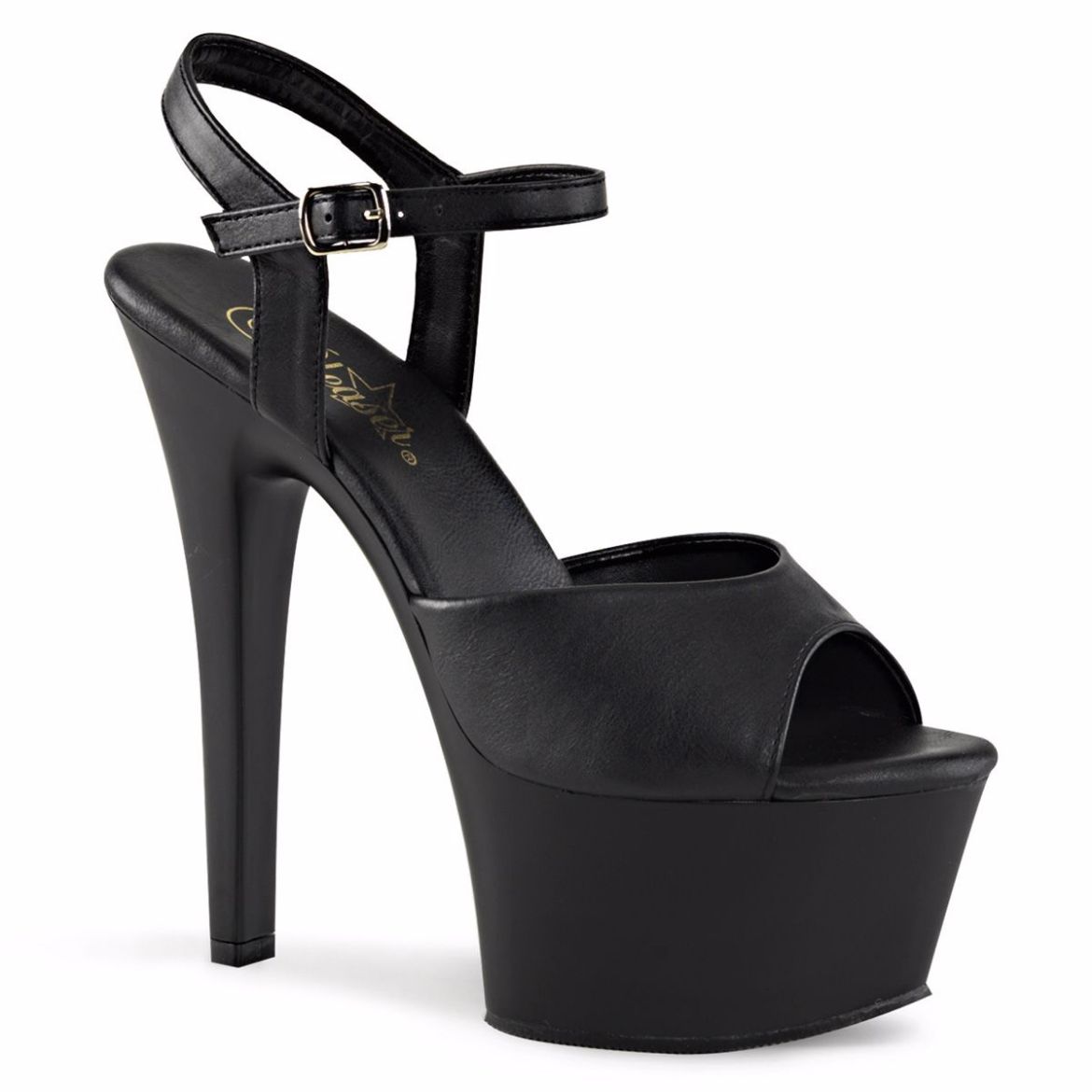 Product image of Pleaser Aspire-609 Black Faux Leather/Black Matte, 6 inch (15.2 cm) Heel, 2 1/4 inch (5.7 cm) Platform Sandal Shoes