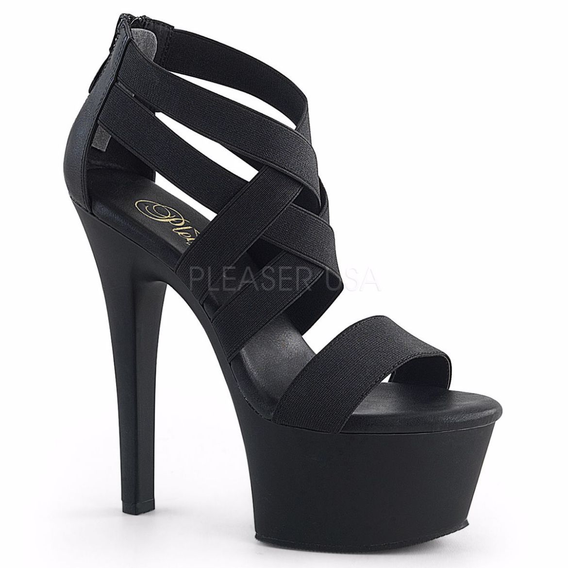 Product image of Pleaser Aspire-669 Black Elastic Band/Black Matte, 6 inch (15.2 cm) Heel, 2 1/4 inch (5.7 cm) Platform Sandal Shoes
