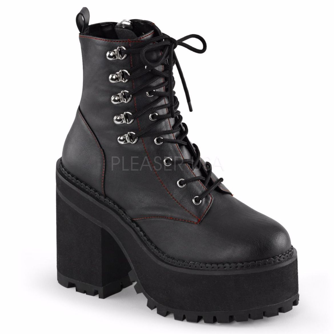 Product image of Demonia Assault-100 Black Vegan Leather, 4 3/4 inch (12.1 cm) Heel, 2 1/4 inch (5.7 cm) Platform Ankle Boot