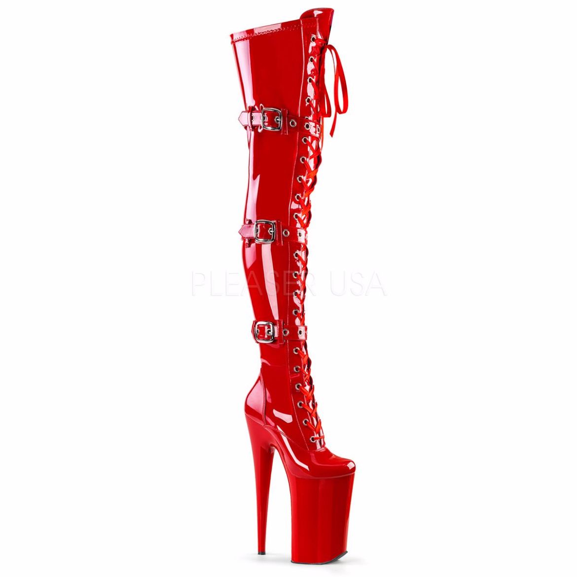 Product image of Pleaser Beyond-3028 Red Stretchetch Patent/Red, 10 inch (25.4 cm) Heel, 6 1/4 inch (15.9 cm) Platform Thigh High Boot