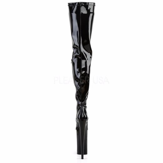 Product image of Pleaser Beyond-4000 Black Stretchetch Patent/Black, 10 inch (25.4 cm) Heel, 6 1/4 inch (15.9 cm) Platform Thigh High Boot