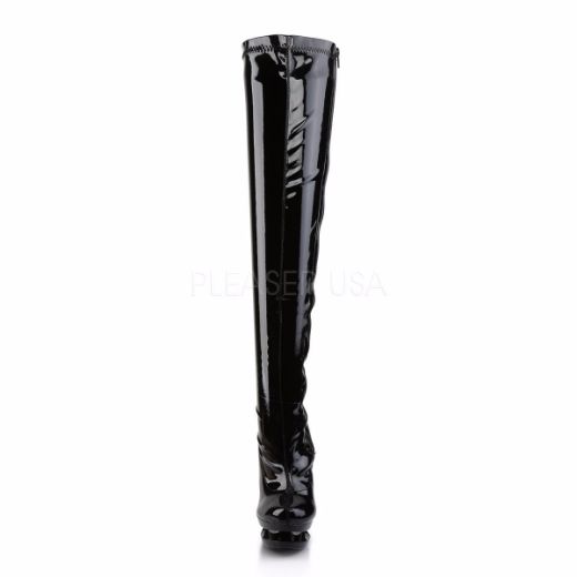 Product image of Pleaser Blondie-3000 Black Stretch Patent/Black-Pewter Chrome, 6 inch (15.2 cm) Heel, 1 1/2 inch (3.8 cm) Platform Thigh High Boot