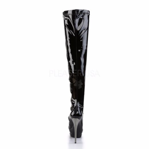 Product image of Pleaser Blondie-3000 Black Stretch Patent/Black-Pewter Chrome, 6 inch (15.2 cm) Heel, 1 1/2 inch (3.8 cm) Platform Thigh High Boot
