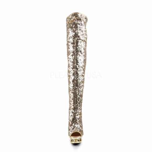 Product image of Pleaser Blondie-R-3011 Gold Sequins/Gold Chrome, 6 inch (15.2 cm) Heel, 1 1/2 inch (3.8 cm) Platform Thigh High Boot