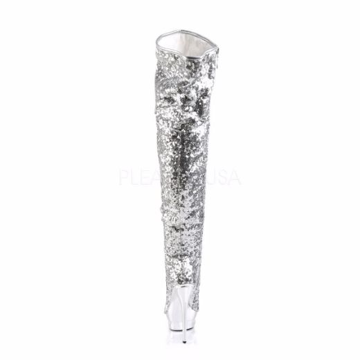 Product image of Pleaser Blondie-R-3011 Silver Sequins/Silver Chrome, 6 inch (15.2 cm) Heel, 1 1/2 inch (3.8 cm) Platform Thigh High Boot