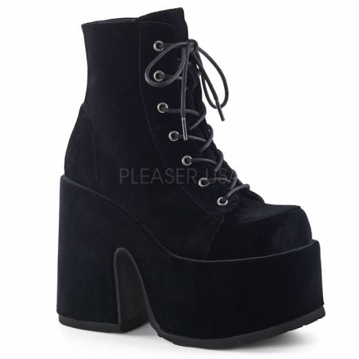 Product image of Demonia Camel-203 Black Velvet, 5 inch (12.7 cm) Chunky Heel, 3 inch (7.6 cm) Platform Ankle Boot