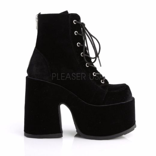 Product image of Demonia Camel-203 Black Velvet, 5 inch (12.7 cm) Chunky Heel, 3 inch (7.6 cm) Platform Ankle Boot