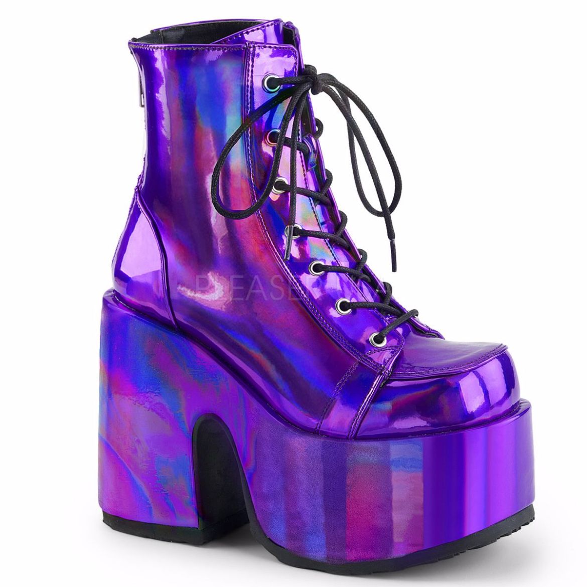 Product image of Demonia Camel-203 Purple Hologram Vegan Leather, 5 inch (12.7 cm) Chunky Heel, 3 inch (7.6 cm) Platform Ankle Boot