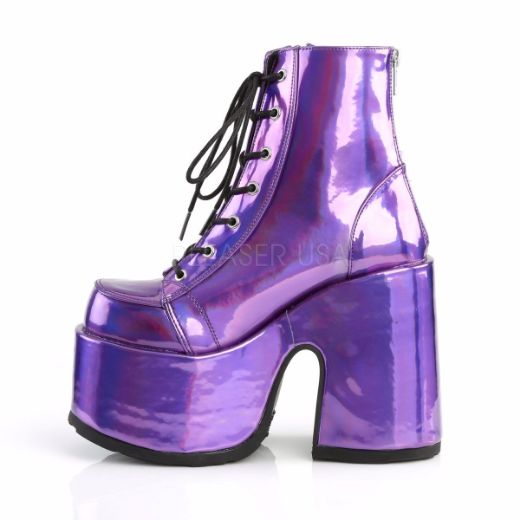Product image of Demonia Camel-203 Purple Hologram Vegan Leather, 5 inch (12.7 cm) Chunky Heel, 3 inch (7.6 cm) Platform Ankle Boot