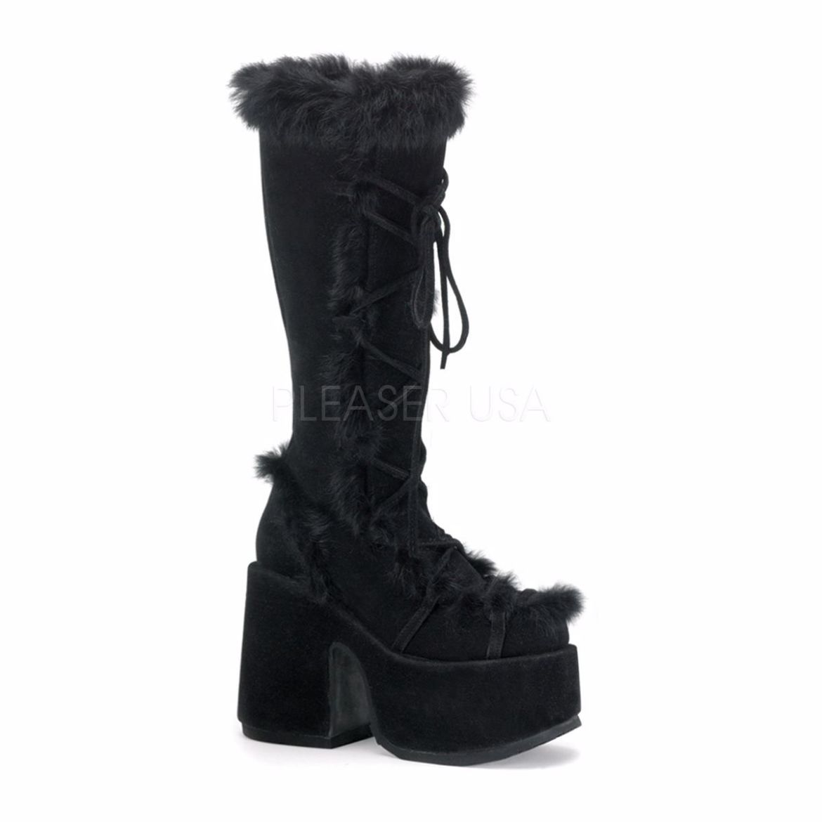 Product image of Demonia Camel-311 Black Vegan Suede, 5 inch (12.7 cm) Heel, 3 inch (7.6 cm) Platform Knee High Boot