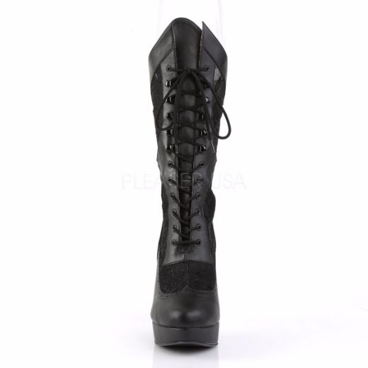 Product image of Pleaser Pink Label Chloe-115 Black Faux Leather, 5 1/4 inch (13.3 cm) Heel, 1 1/4 inch (3.2 cm) Platform Knee High Boot