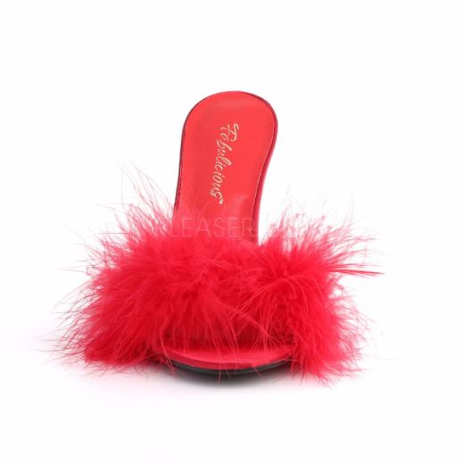 Product image of Fabulicious Classique-01F Red Pu-Fur, 4 inch (10.2 cm) Heel Slide Mule Shoes