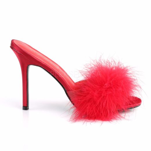 Product image of Fabulicious Classique-01F Red Pu-Fur, 4 inch (10.2 cm) Heel Slide Mule Shoes