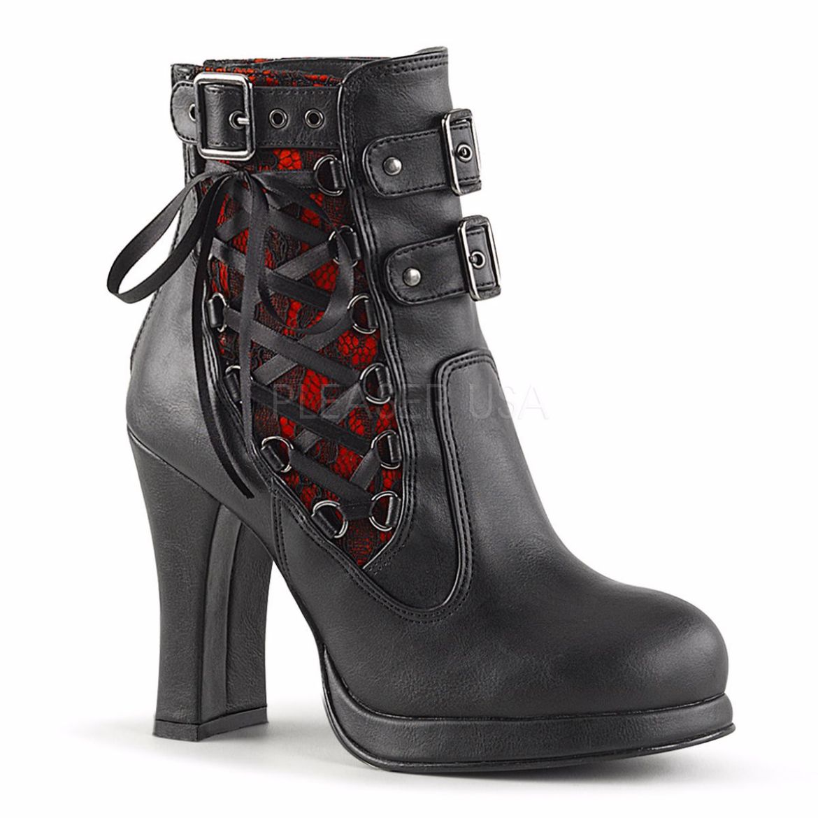 Product image of Demonia Crypto-51 Black-Red Lace Vegan Leather, 4 inch (10.2 cm) Heel, 3/4 inch (1.9 cm) Platform Ankle Boot