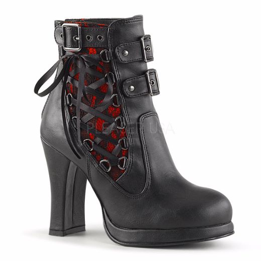 Product image of Demonia Crypto-51 Black-Red Lace Vegan Leather, 4 inch (10.2 cm) Heel, 3/4 inch (1.9 cm) Platform Ankle Boot