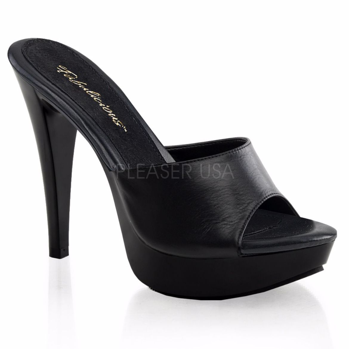Product image of Fabulicious Cocktail-501L Black Leather/Black, 5 inch (12.7 cm) Heel, 1 inch (2.5 cm) Platform Slide Mule Shoes
