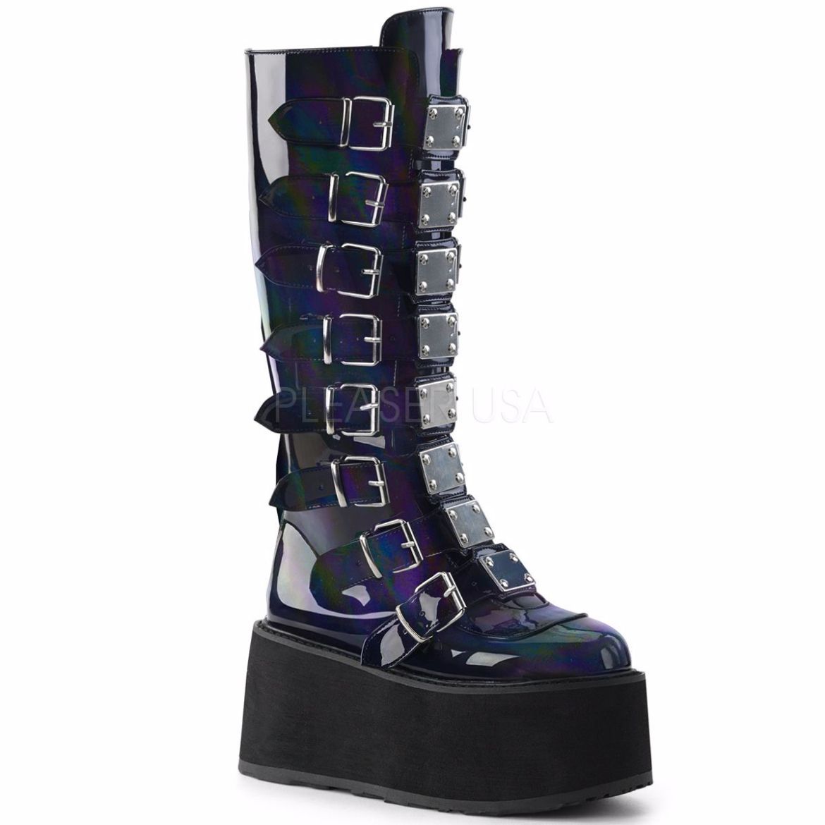 Product image of Demonia Damned-318 Black Hologram Vegan Leather, 3 1/2 inch Platform Knee High Boot